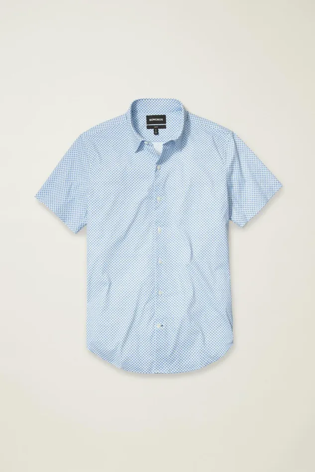 Men Short Sleeve Shirts Bonobos Tech Short Sleeve Shirt Muted Cerulean Blue Geo