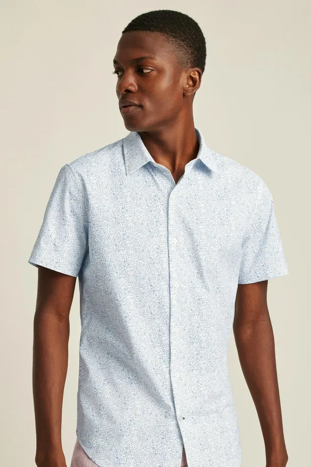 Men Short Sleeve Shirts Bonobos Tech Short Sleeve Shirt Navy Floral Explosion