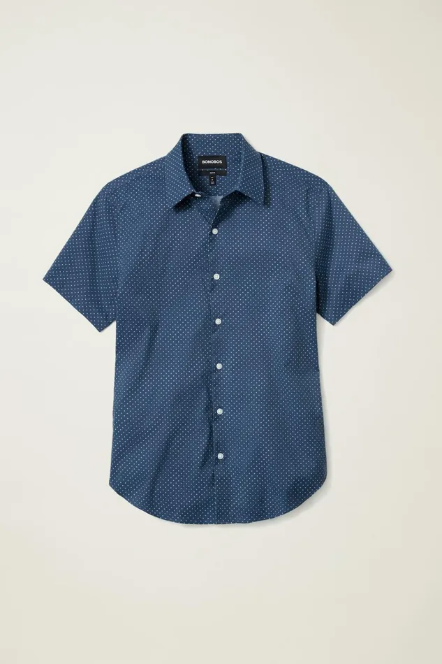 Men Short Sleeve Shirts Bonobos Tech Short Sleeve Shirt Navy Seafoam Dot