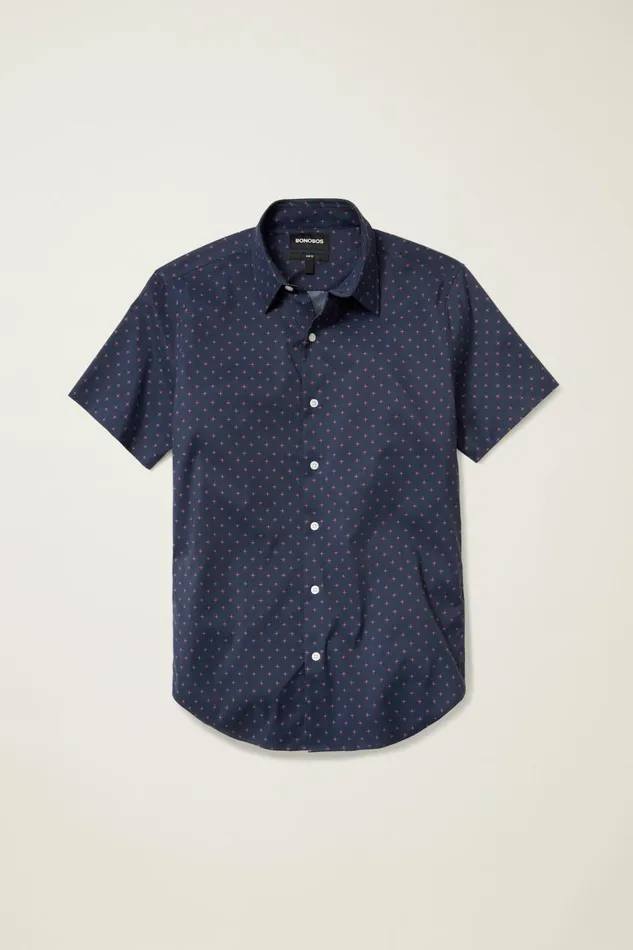 Men Short Sleeve Shirts Bonobos Tech Short Sleeve Shirt Navy Star Fire Geo