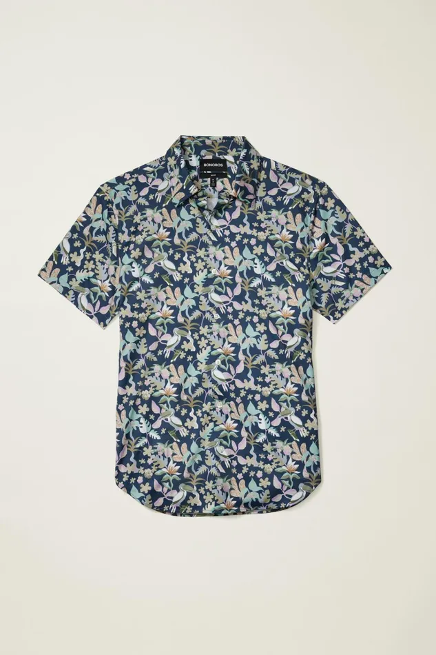 Men Short Sleeve Shirts Bonobos Tech Short Sleeve Shirt Navy Toucan Paradise