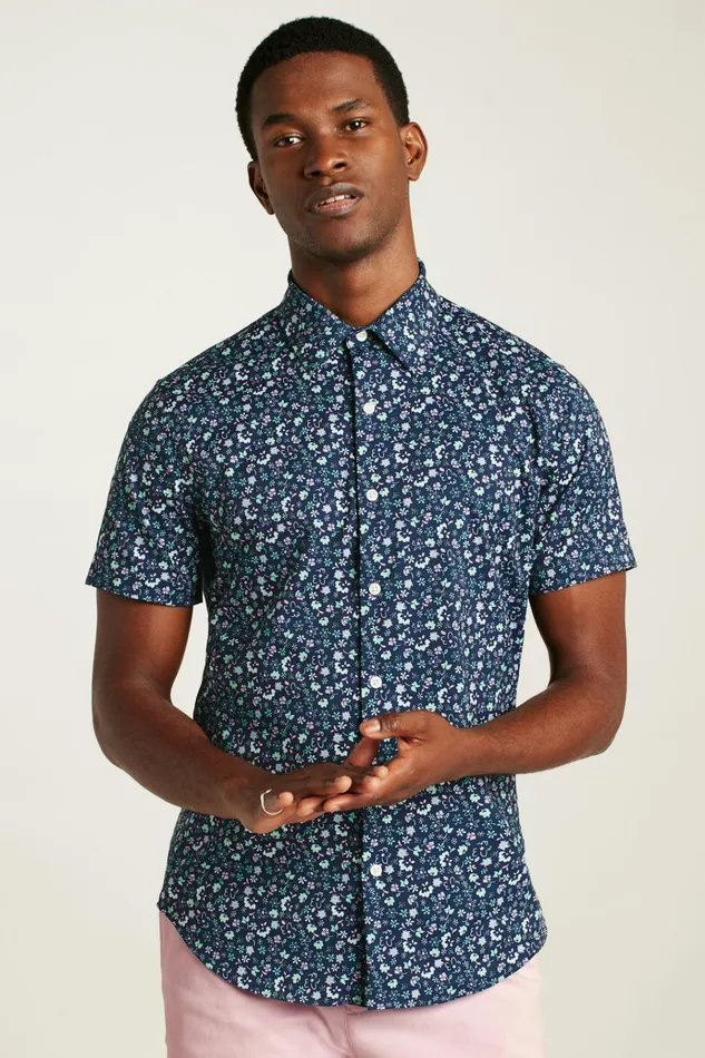 Men Short Sleeve Shirts Bonobos Tech Short Sleeve Shirt Navy Weekend Floral