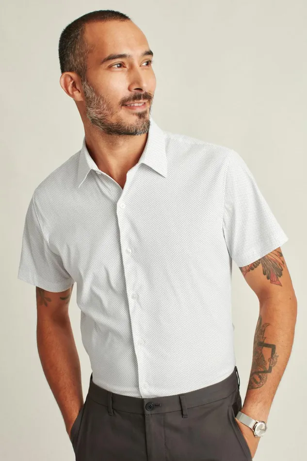 Men Short Sleeve Shirts Bonobos Tech Short Sleeve Shirt White Blue Fine Dot