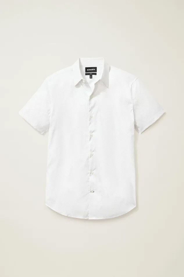Men Short Sleeve Shirts Bonobos Tech Short Sleeve Shirt White Blue Fine Dot