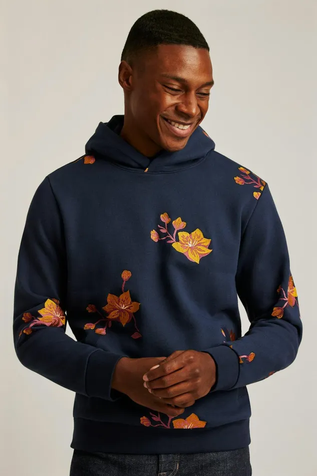 Men Sweatshirts and Hoodies Bonobos Supersoft Fleece Hoodie Navy Clementine Floral