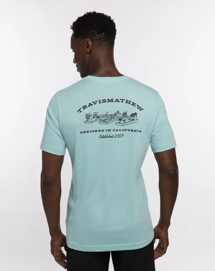 Men Tees TravisMathew FUN TO BE HAD TEE Heather Turquoise Men Tees TravisMathew FUN TO BE HAD TEE Heather Turquoise