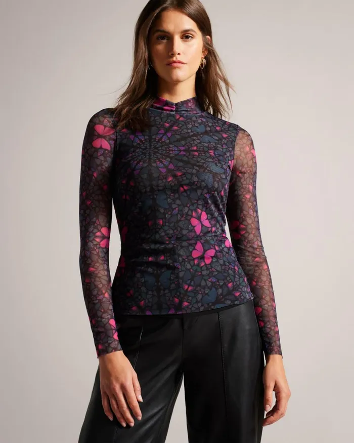 Mesh Fitted Top With High Neck Black Women Ted Baker Clothing Mesh Fitted Top With High Neck Black Women Ted Baker Clothing