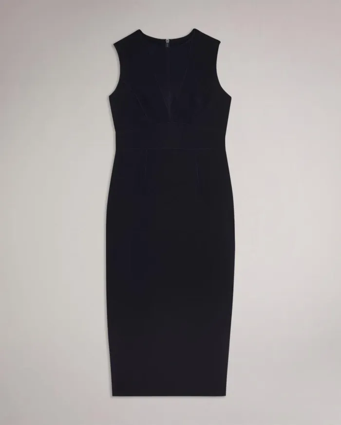 Midi Bodycon Dress With Sheer VNeck Dark Navy Women Ted Baker Clothing