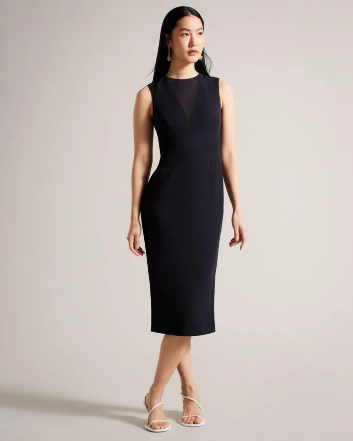 Midi Bodycon Dress With Sheer VNeck Dark Navy Women Ted Baker Clothing Midi Bodycon Dress With Sheer VNeck Dark Navy Women Ted Baker Clothing