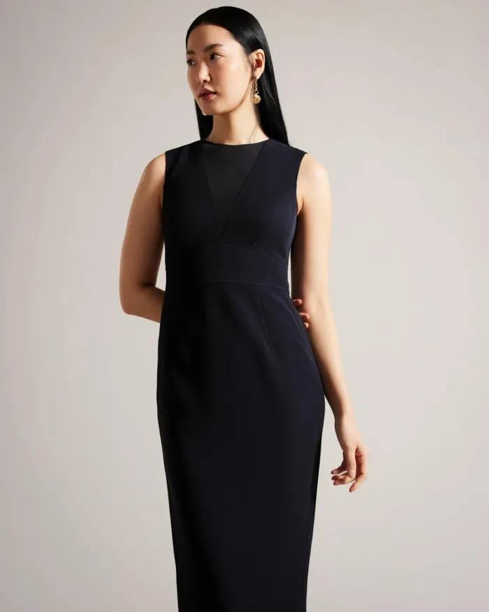 Midi Bodycon Dress With Sheer VNeck Dark Navy Women Ted Baker Clothing Midi Bodycon Dress With Sheer VNeck Dark Navy Women Ted Baker Clothing