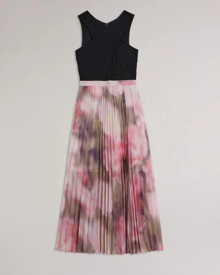 Midi Dress With Floral Pleated Skirt Coral Women Ted Baker Clothing