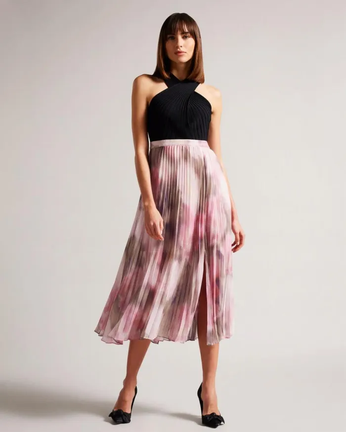 Midi Dress With Floral Pleated Skirt Coral Women Ted Baker Clothing