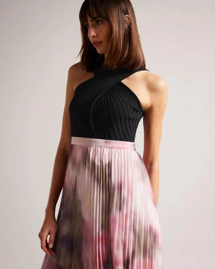 Midi Dress With Floral Pleated Skirt Coral Women Ted Baker Clothing