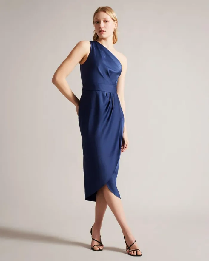 One Shoulder Drape Midi Dress Dark Blue Women Ted Baker Clothing One Shoulder Drape Midi Dress Dark Blue Women Ted Baker Clothing