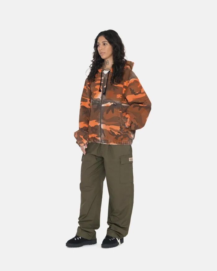 Outerwear Men Stussy SPRAY DYE HOODED WORK JACKET Orange Camo Outerwear Men Stussy SPRAY DYE HOODED WORK JACKET Orange Camo