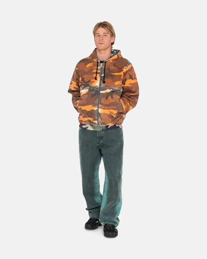 Outerwear Men Stussy SPRAY DYE HOODED WORK JACKET Orange Camo Outerwear Men Stussy SPRAY DYE HOODED WORK JACKET Orange Camo