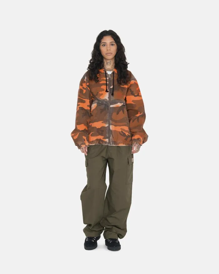 Outerwear Men Stussy SPRAY DYE HOODED WORK JACKET Orange Camo Outerwear Men Stussy SPRAY DYE HOODED WORK JACKET Orange Camo