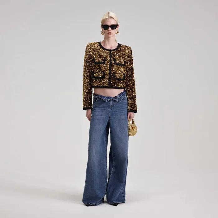 Outerwear Woman SelfPortrait Gold Sequin Cropped Jacket