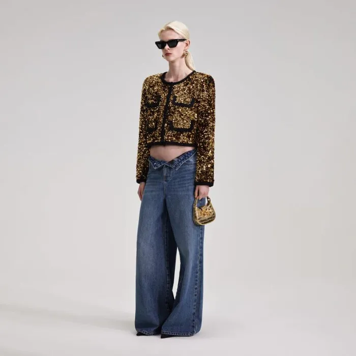 Outerwear Woman SelfPortrait Gold Sequin Cropped Jacket Outerwear Woman SelfPortrait Gold Sequin Cropped Jacket