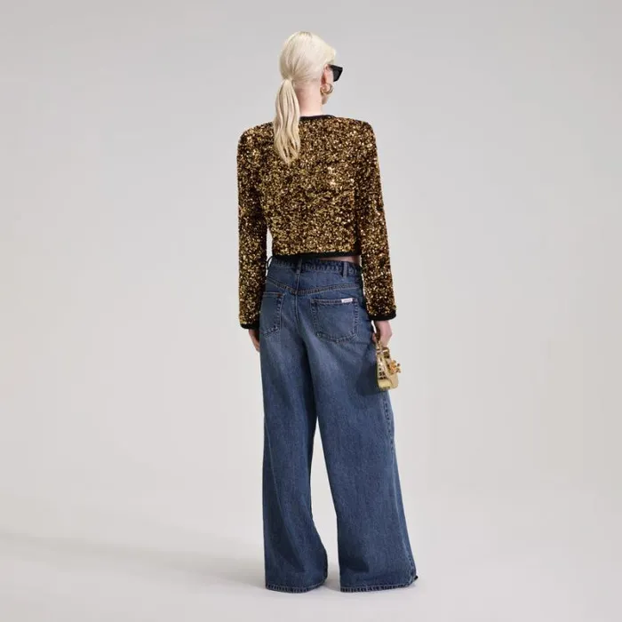 Outerwear Woman SelfPortrait Gold Sequin Cropped Jacket Outerwear Woman SelfPortrait Gold Sequin Cropped Jacket