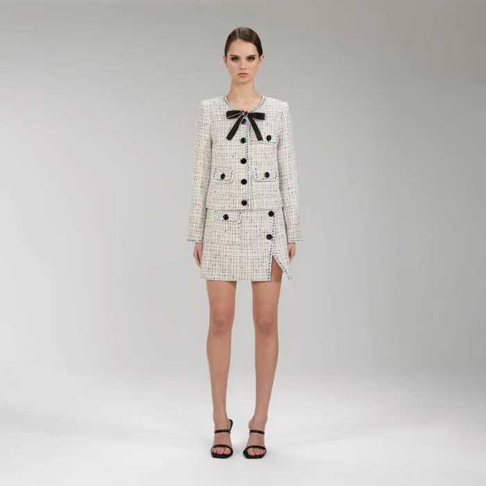 Outerwear Woman SelfPortrait White Textured Weave Crop Jacket Outerwear Woman SelfPortrait White Textured Weave Crop Jacket