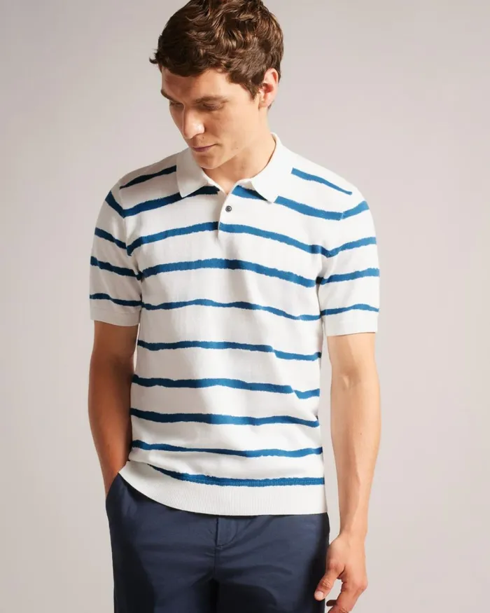 Painted Stripe Knitted Polo Shirt Ecru Men Ted Baker Tops Painted Stripe Knitted Polo Shirt Ecru Men Ted Baker Tops
