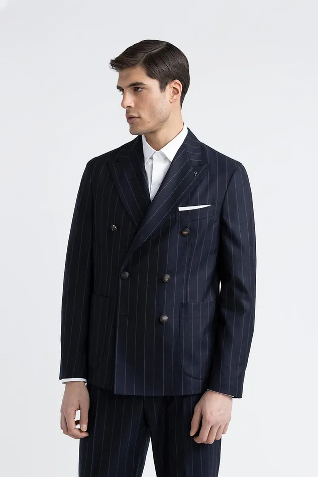 Peserico Blazers Man Pinstripe Wool DoubleBreasted Blazer Inkwell Blue