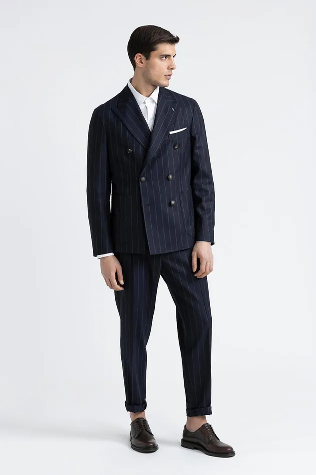 Peserico Blazers Man Pinstripe Wool DoubleBreasted Blazer Inkwell Blue Peserico Blazers Man Pinstripe Wool DoubleBreasted Blazer Inkwell Blue