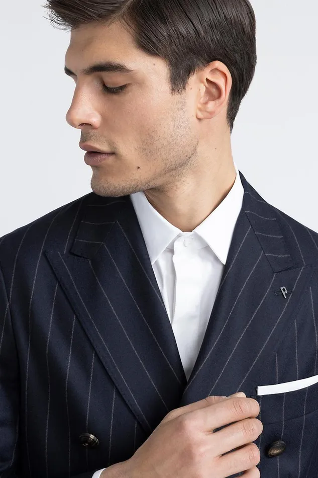 Peserico Blazers Man Pinstripe Wool DoubleBreasted Blazer Inkwell Blue Peserico Blazers Man Pinstripe Wool DoubleBreasted Blazer Inkwell Blue