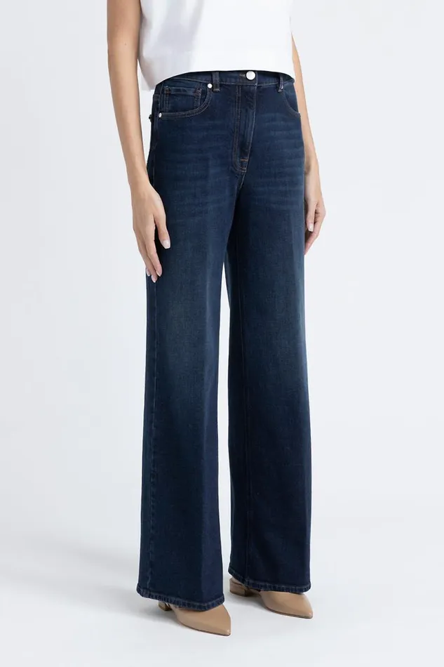 Peserico Denim Woman Stretch Denim Cotton Palazzo Trousers Inkwell Blue