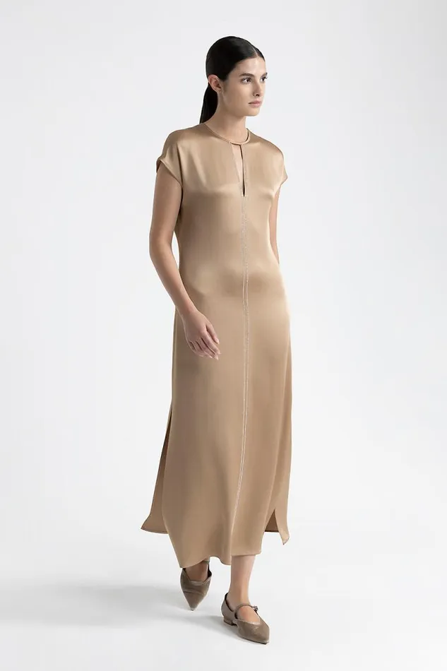 Peserico Dresses And Jumpsuits Woman Round Neck Midi Dress Camel
