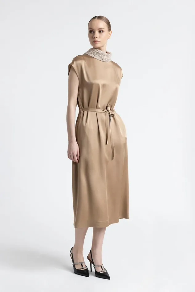 Peserico Dresses And Jumpsuits Woman Satin Midi Dress With Funnel Neck Camel