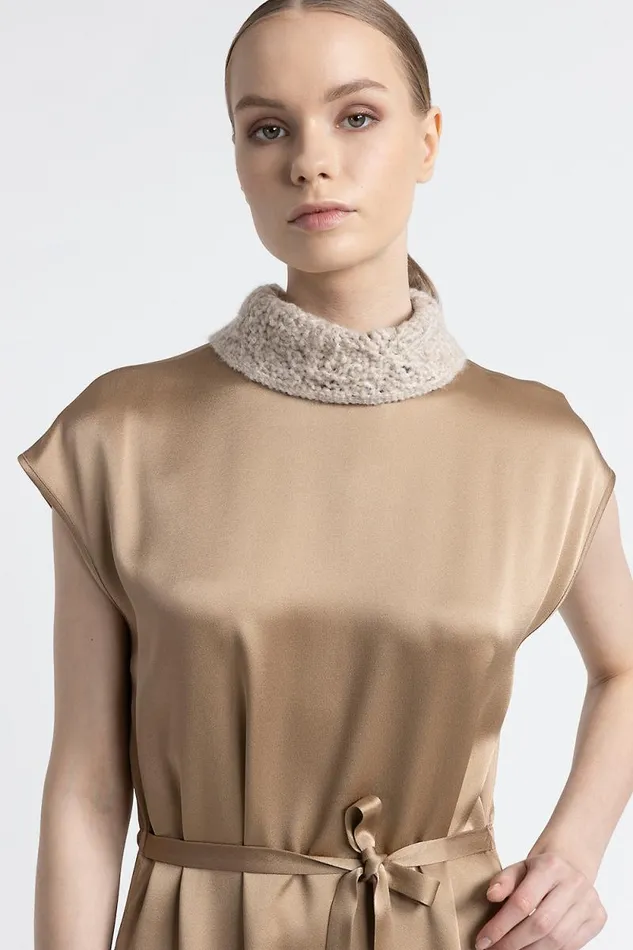 Peserico Dresses And Jumpsuits Woman Satin Midi Dress With Funnel Neck Camel Peserico Dresses And Jumpsuits Woman Satin Midi Dress With Funnel Neck Camel