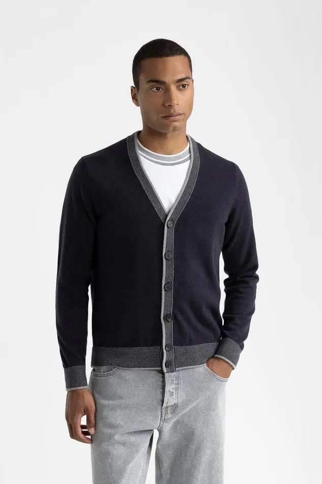 Peserico Knitwear Man Wool Silk And Cashmere Cardigan Inkwell Blue