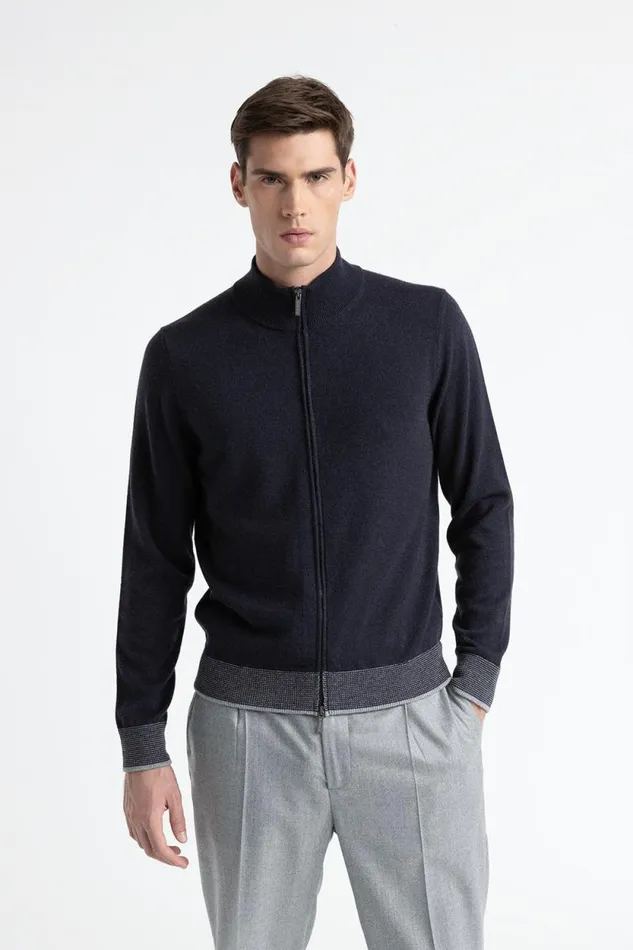 Peserico Knitwear Man Wool Silk And Cashmere High Neck Sweater Inkwell Blue