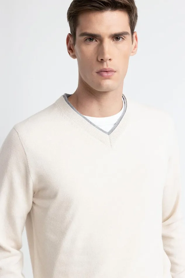 Peserico Knitwear Man Wool Silk And Cashmere V Neck Sweater Barley Peserico Knitwear Man Wool Silk And Cashmere V Neck Sweater Barley