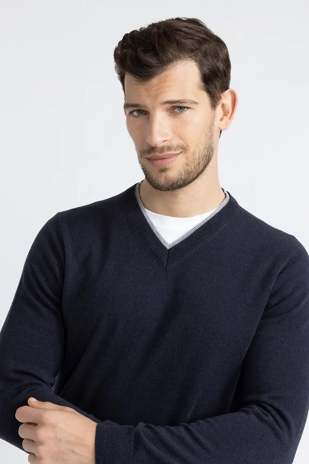 Peserico Knitwear Man Wool Silk And Cashmere V Neck Sweater Inkwell Blue Peserico Knitwear Man Wool Silk And Cashmere V Neck Sweater Inkwell Blue