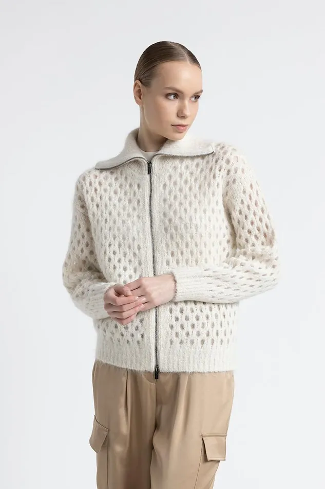 Peserico Knitwear Woman Alpaca And Mohair ZipUp Cardigan Natural White