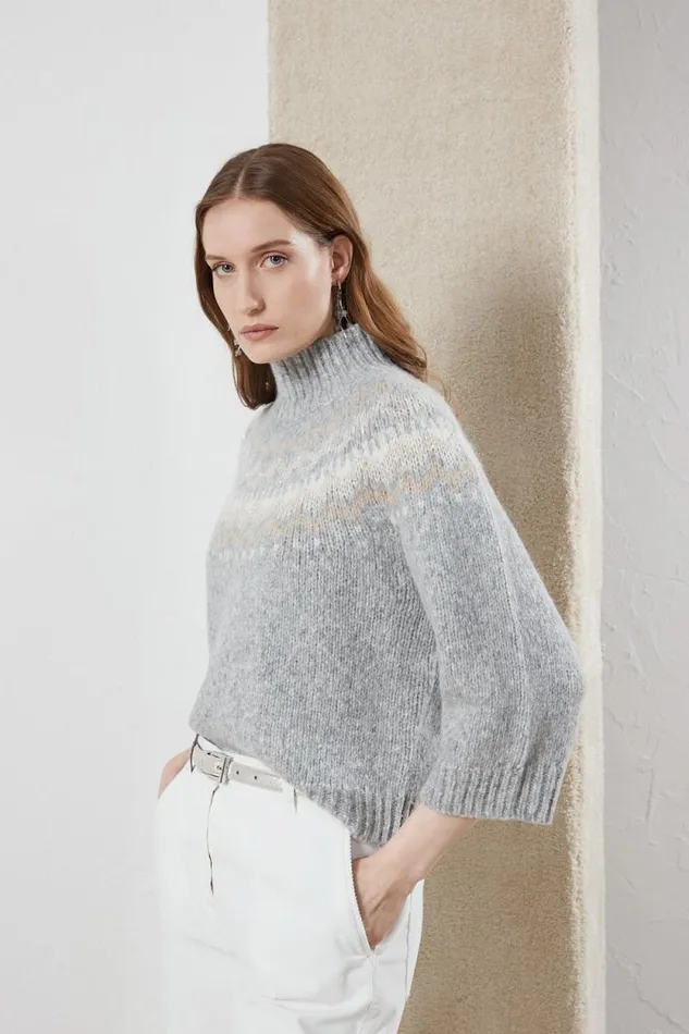 Peserico Knitwear Woman Alpaca And Wool Jacquard High Neck Sweater Fog Gray