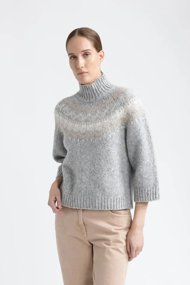 Peserico Knitwear Woman Alpaca And Wool Jacquard High Neck Sweater Fog Gray Peserico Knitwear Woman Alpaca And Wool Jacquard High Neck Sweater Fog Gray
