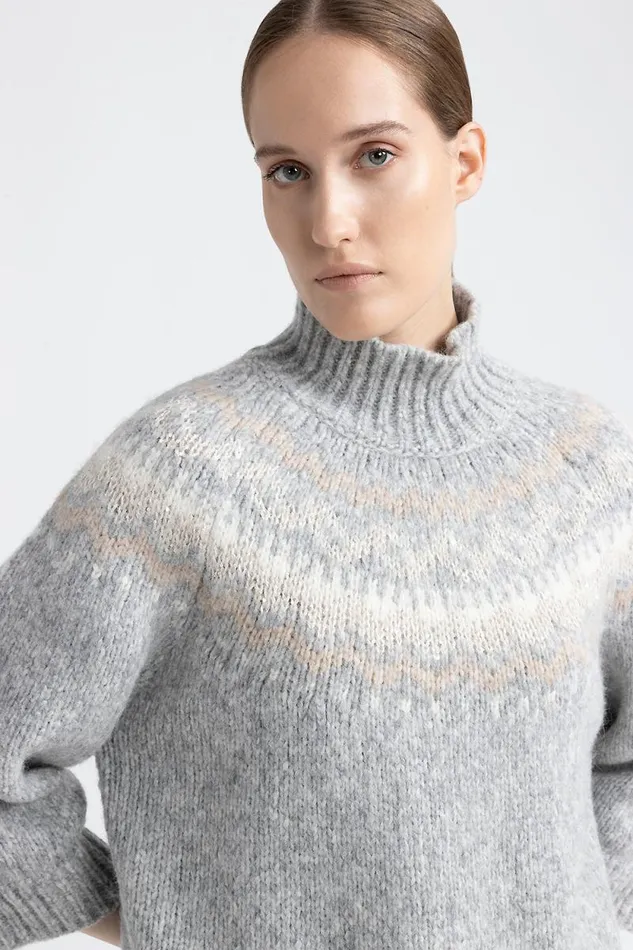 Peserico Knitwear Woman Alpaca And Wool Jacquard High Neck Sweater Fog Gray Peserico Knitwear Woman Alpaca And Wool Jacquard High Neck Sweater Fog Gray