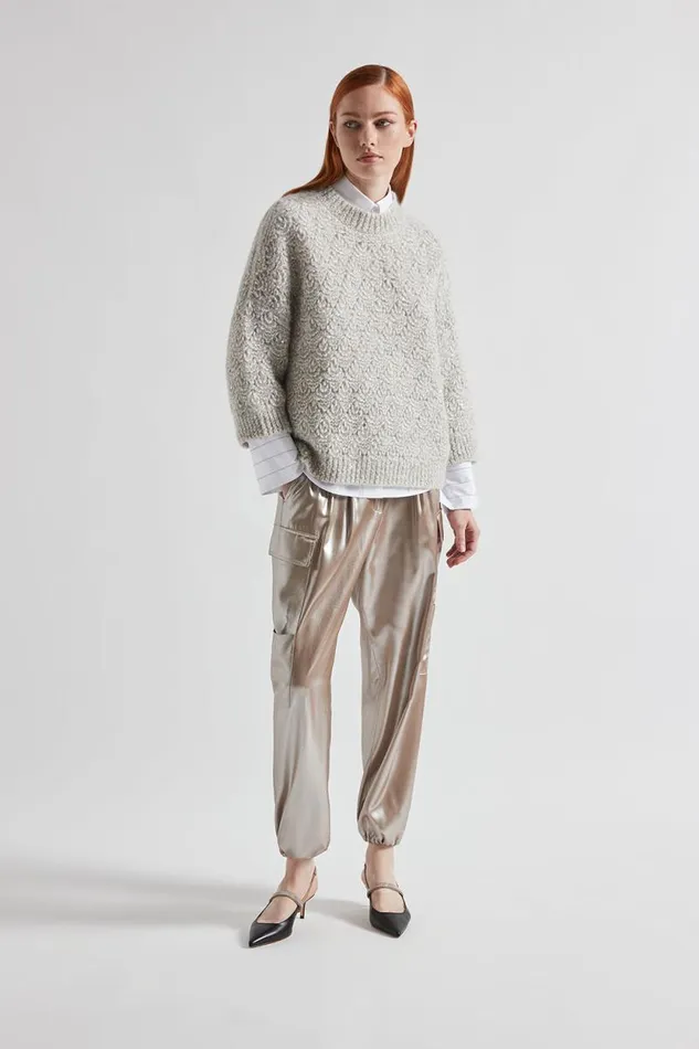 Peserico Knitwear Woman Alpaca Blend Sequin And Lurex Lace Pattern Sweater Fog Gray Peserico Knitwear Woman Alpaca Blend Sequin And Lurex Lace Pattern Sweater Fog Gray