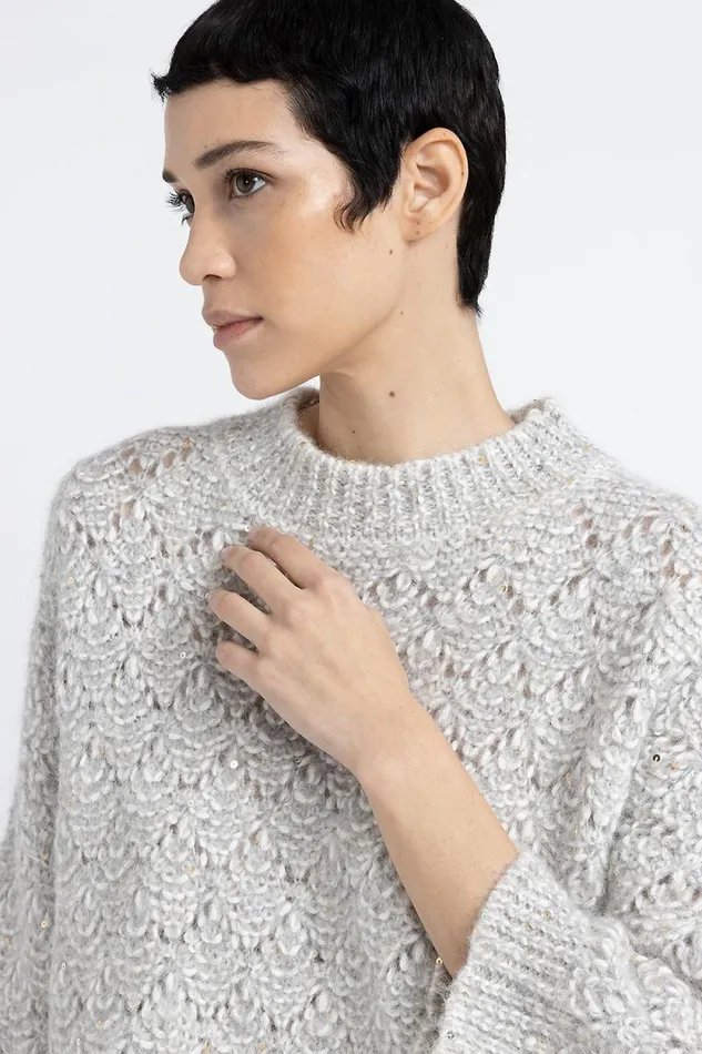 Peserico Knitwear Woman Alpaca Blend Sequin And Lurex Lace Pattern Sweater Fog Gray Peserico Knitwear Woman Alpaca Blend Sequin And Lurex Lace Pattern Sweater Fog Gray