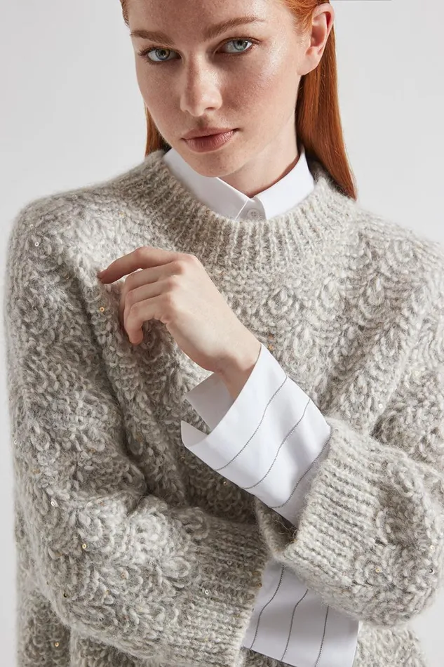 Peserico Knitwear Woman Alpaca Blend Sequin And Lurex Lace Pattern Sweater Fog Gray Peserico Knitwear Woman Alpaca Blend Sequin And Lurex Lace Pattern Sweater Fog Gray