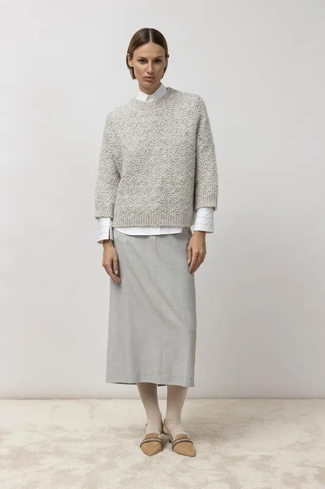Peserico Knitwear Woman Alpaca Blend Sequin And Lurex Lace Pattern Sweater Fog Gray Peserico Knitwear Woman Alpaca Blend Sequin And Lurex Lace Pattern Sweater Fog Gray
