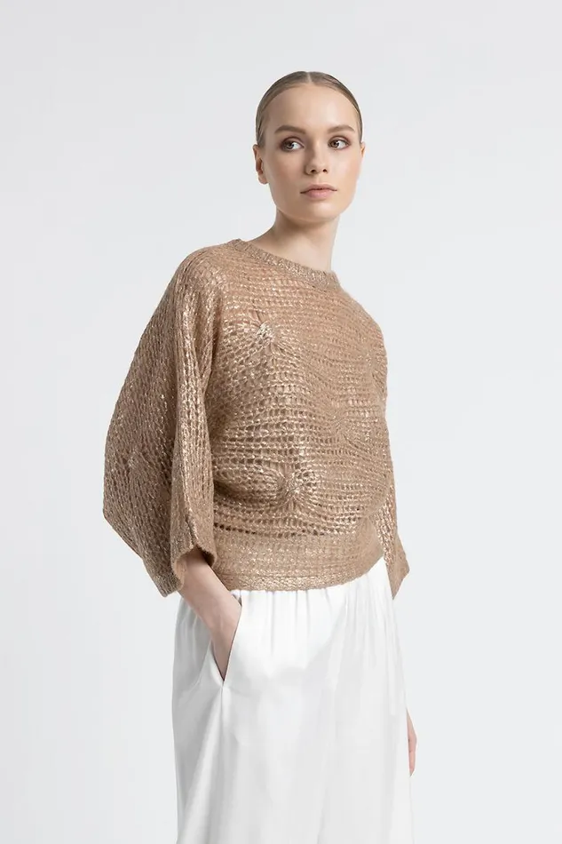 Peserico Knitwear Woman Alpaca Mesh Knit Relaxed Fit Sweater Macchiato