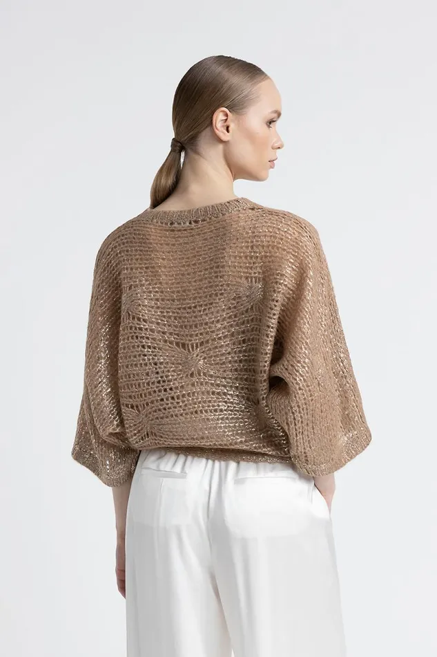 Peserico Knitwear Woman Alpaca Mesh Knit Relaxed Fit Sweater Macchiato Peserico Knitwear Woman Alpaca Mesh Knit Relaxed Fit Sweater Macchiato