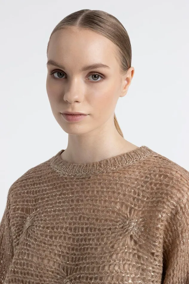 Peserico Knitwear Woman Alpaca Mesh Knit Relaxed Fit Sweater Macchiato Peserico Knitwear Woman Alpaca Mesh Knit Relaxed Fit Sweater Macchiato