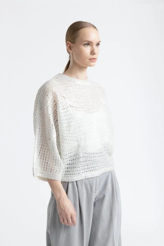 Peserico Knitwear Woman Alpaca Mesh Knit Relaxed Fit Sweater Natural White