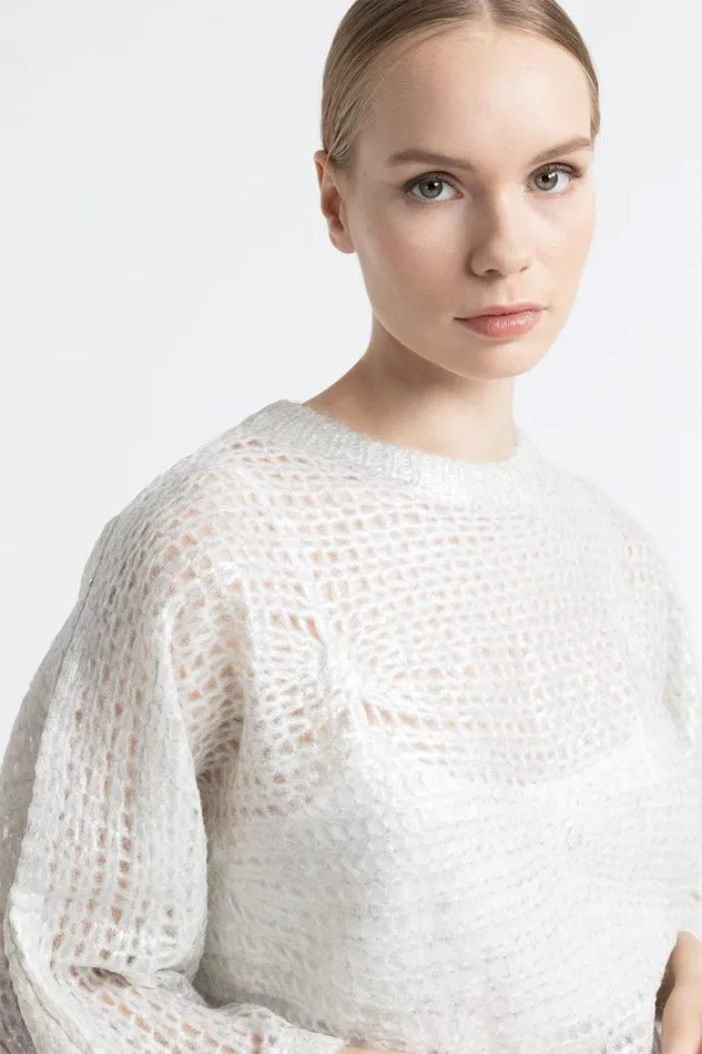 Peserico Knitwear Woman Alpaca Mesh Knit Relaxed Fit Sweater Natural White Peserico Knitwear Woman Alpaca Mesh Knit Relaxed Fit Sweater Natural White